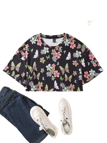 

1pc floral & butterfly print tee 57xk#, White