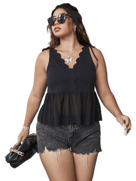 

plus scallop trim tie shoulder peplum tank x8gi#, Black