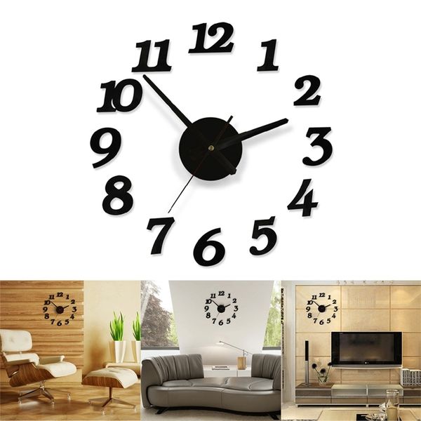 3D-DIY-Wanduhr, modernes Design, geräuschlos, große digitale Acryl-Selbstklebeaufkleber für Wohnzimmer-Dekoration 220426