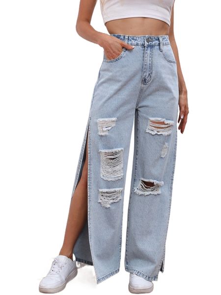 

high waist ripped slit thigh wide leg jeans 67nd#, Blue