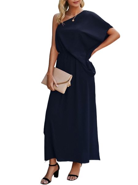 

one shoulder batwing sleeve split thigh dress k1ro#, Black;gray