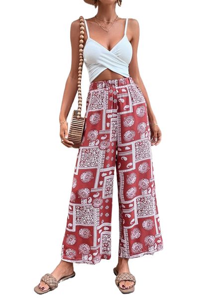 

paisley scarf print wide leg pants 37vk#, Black;white