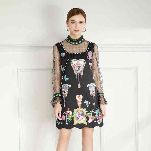 

casual dresses dress french spring and summer wave edge pearl diamond bright silk black long sleeved dress for women sea7, Black;gray