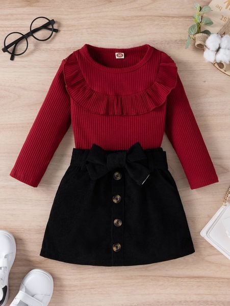

toddler girls ruffle trim tee & button front belted skirt she02, White
