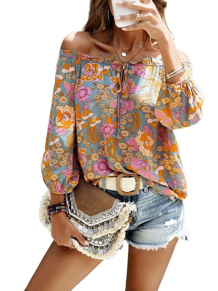 

floral print off shoulder lantern sleeve knot front blouse s2at#, White