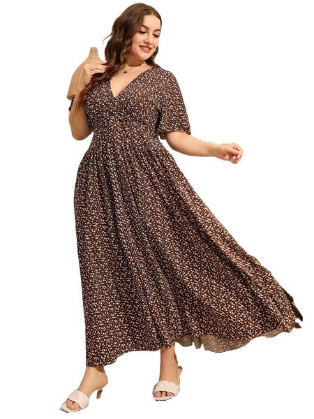 

plus ditsy floral butterfly sleeve dress z062#, Black