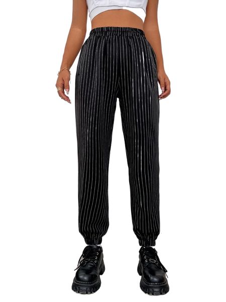 

elastic waist striped carrot pants r7be#, Black;white