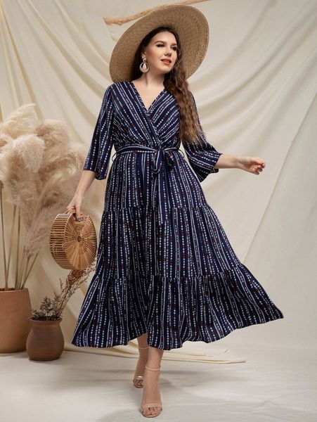 

plus geo print ruffle hem belted dress h5dr#, Black