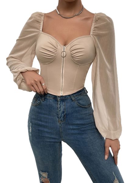 

lantern sleeve zip up bustier w34y#, White