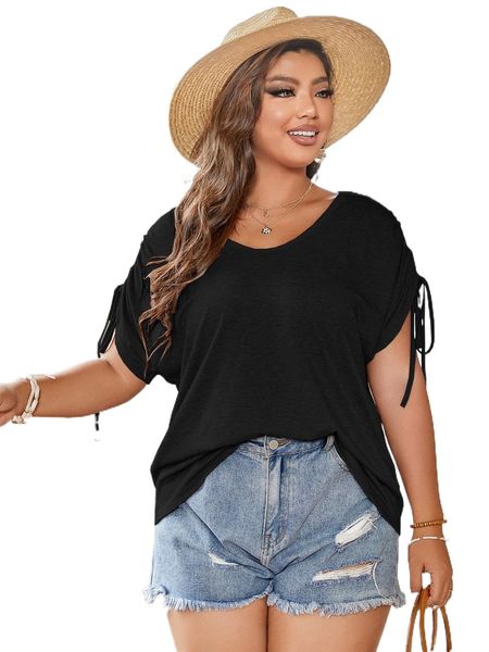 

plus drawstring batwing sleeve tee m38v#, Black