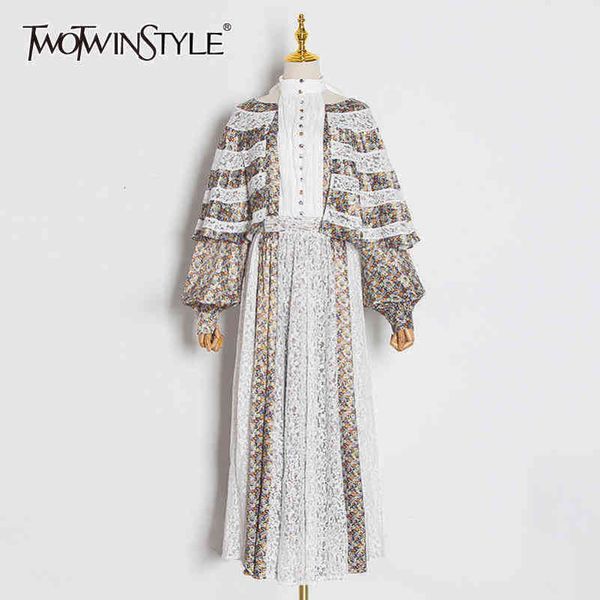 

print floral patchwork lace dress for women halter collar long sleeve hollow out spring dresses female fashion 210423, Black;gray
