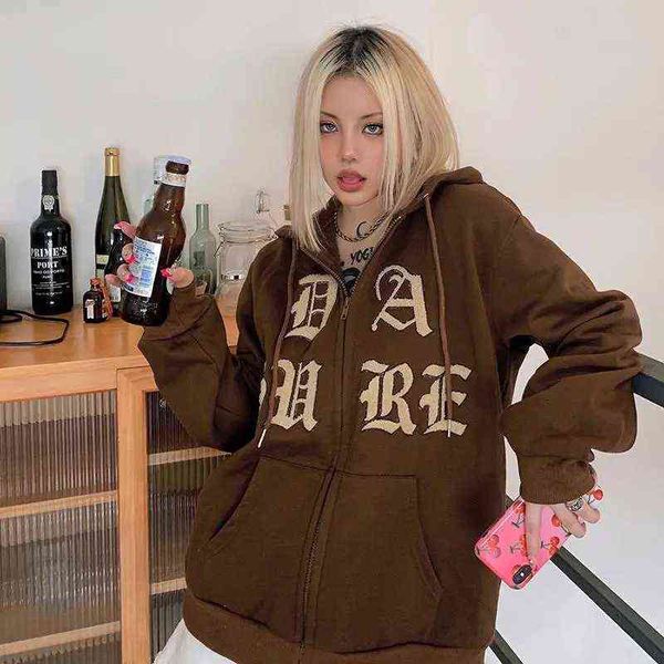 

zip up letter printing brown long-sleeved cotton casual women jacket oversize 90s vintage sweatshirt y2k streetwear female t220726, Black