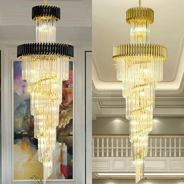 Lustre de vidro em espiral grande novo Modern Luxury Villa Dupler Staircase Gold Crystal Candeliers