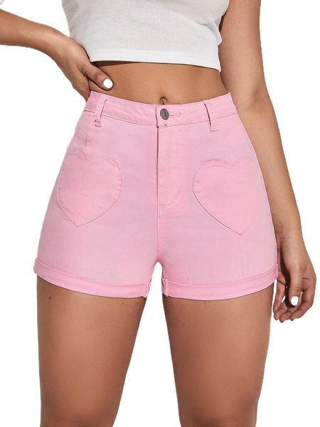 

heart print roll up hem denim shorts w3ed#, White;black