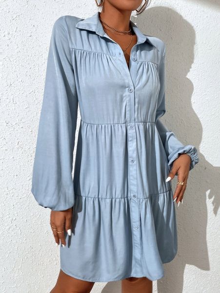 

lantern sleeve ruffle hem smock dress c98z#, Black;gray