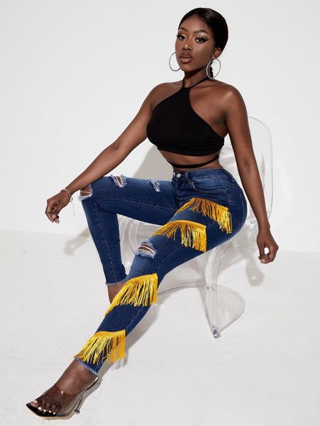 

sxy fringe trim ripped raw hem jeans t2tt#, Blue