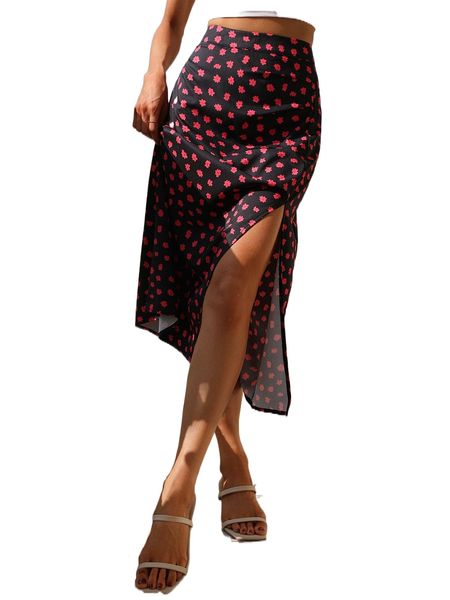 

floral print split thigh skirt y3m8#, Black