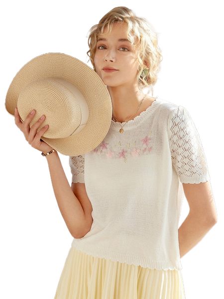 

knit mix floral embroidered puff sleeve knit l0ta#, White;black