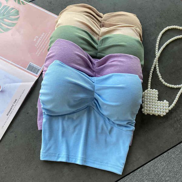

women's tanks camis girl style strapless with bottoms inside women's summer clothes machine fold breast cushion short fashion fxlb, White