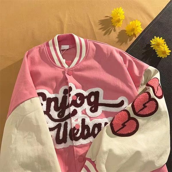 

hip hop women varsity jacket cartoon letter embroidery loose college style couple bomber jacket harajuku baseball coats 220816, Black