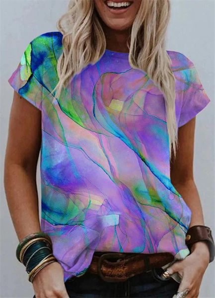 Moda 3D Gradyan Baskı Kadın T-Shirt Kadınlar T-Shirt Kısa Kollu Yaz Günlük Tops Street Spor Gevşek Tee Lady O-Neck Tie-boya