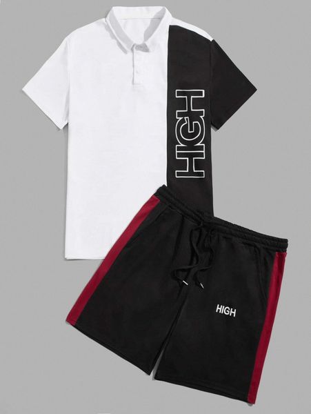 

men letter graphic two tone polo shirt & drawstring waist shorts 25ba#, Gray