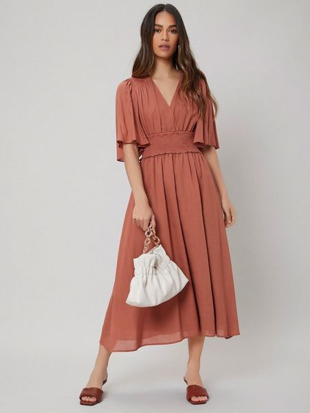 

motf premium linen flowy flutter sleeve dress 24ca#, Black;gray