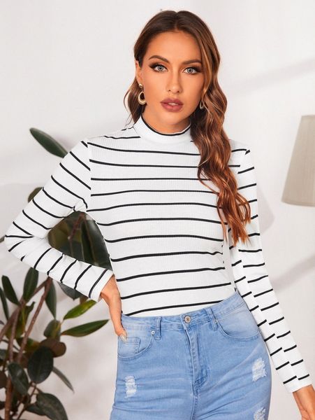 

striped print stand neck tee w0ow#, White