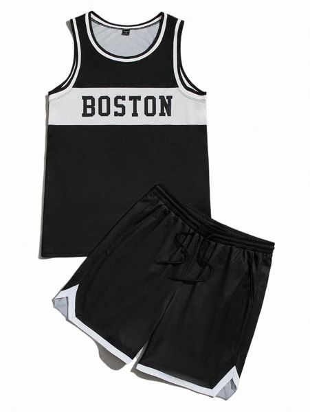 

men letter graphic tank & drawstring waist shorts m6xw#, Gray