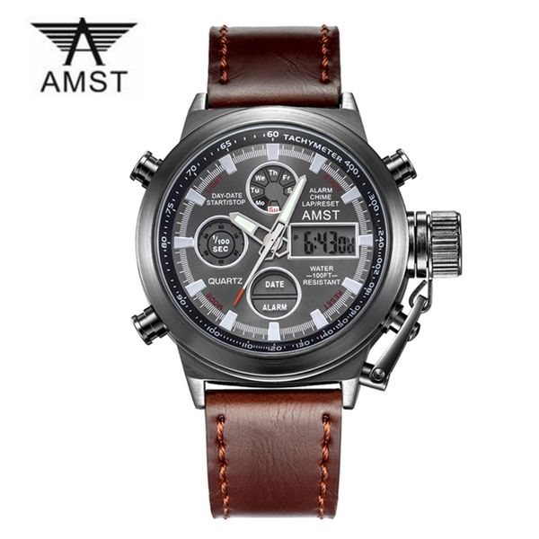 Водонепроницаемые мужские часы Кварцевые часы с двойным механизмом, ЖК-цифровые аналоговые военные спортивные часы, мужские часы с кожаным ремешком ручной работы AMST3003 220407