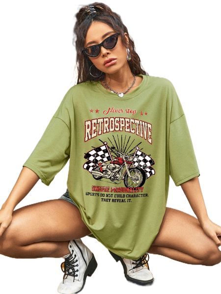 

motorcycle and slogan graphic drop shoulder tee k3k4#, White