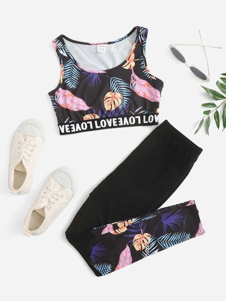 

girls letter graphic tropical tank & leggings set she, White