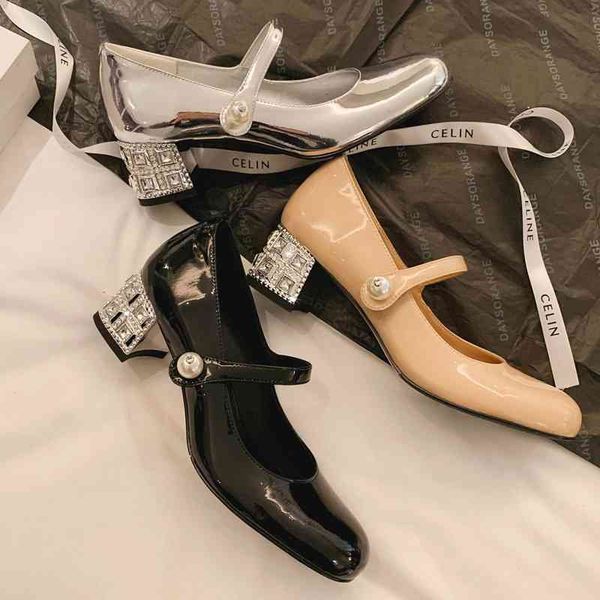 

dress shoes small xiangfeng cow patent leather thick heel line buckle mary jane women's shoes spring pearl silver high heels, Black