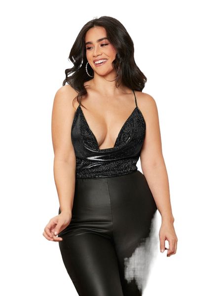 

plus cowl neck criss cross backless metallic cami q7pc#, Black