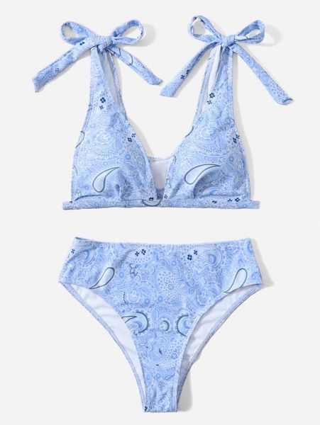 

paisley print tie shoulder bikini swimsuit s8gv#, White;black