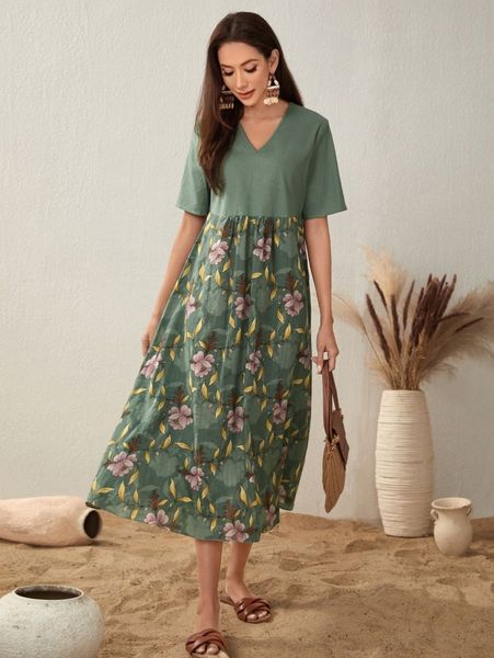 

floral print v neck dress k21p#, Black;gray