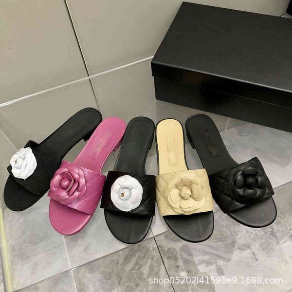 

slippers summer style small fragrant slippers women wear sheepskin flat bottom camellia one-sided and open toe beach sandals, Black