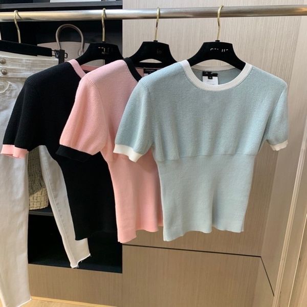 

women's sweaters spring and summer small fragrance color matching round neck t-shirt knitted short sleeve slim girl sense knitted top, White;black