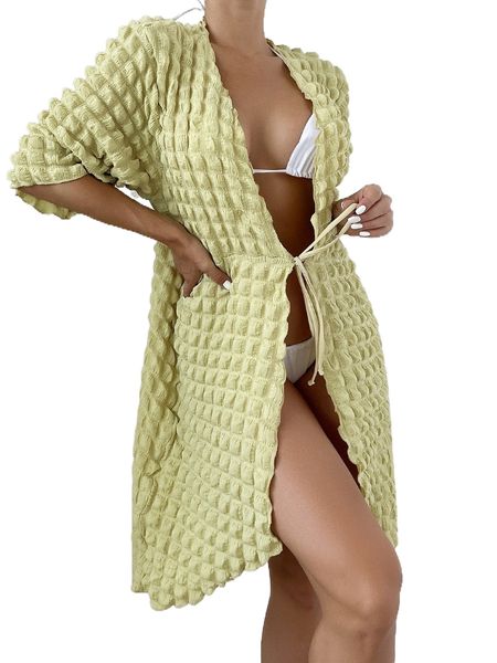 

textured asymmetrical hem drawstring waist kimono 02ki#, White;black