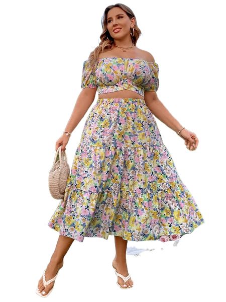 

plus allover floral print off shoulder tie back & ruffle hem skirt e7ny#, Black