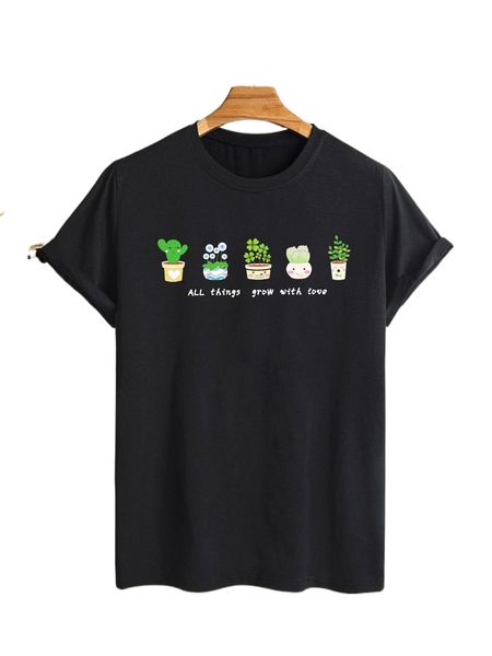 

men slogan & plant print tee g9f4#, White;black