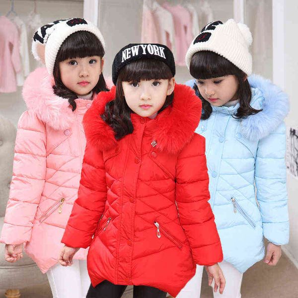 3-12 Jahre Winter Mädchen Jacke Dicke Warme Halten Schlank Gitter Pelz Kragen Mit Kapuze Windjacke Für Mädchen Teen Kinder oberbekleidung J220718