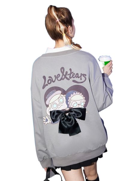 

1pc cartoon & letter graphic bow back drop shoulder sweatshirt b14p#, Black