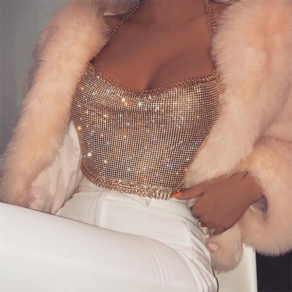 Akyzo Mulheres Backless Luxo Camis Crop Top Moda Chunky Metal Chain Diamante Diamante Oco para fora Subole Halter Tops 220316