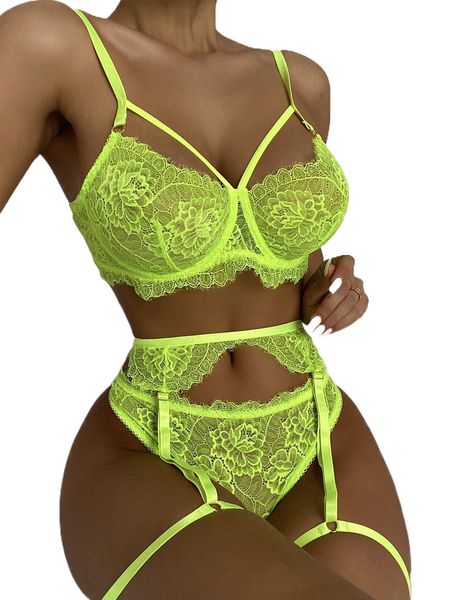 

neon lime floral lace underwire garter lingerie set f9ya#, Black;red