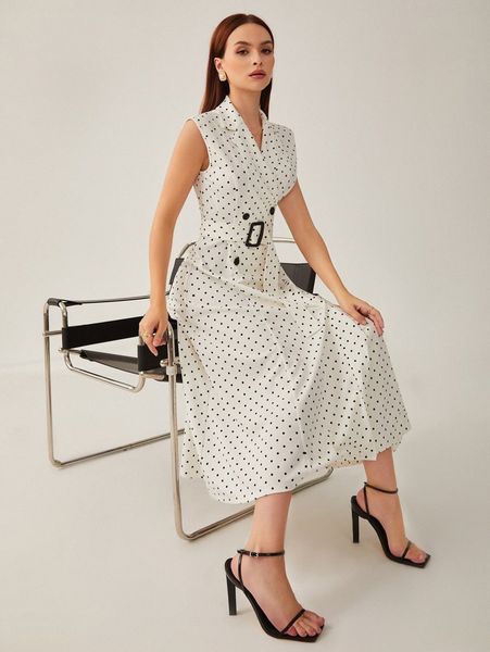 

lapel collar polka dot print buckled belted dress w890#, Black;gray