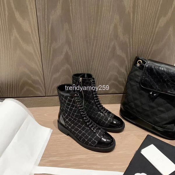 

boots autumn patent leather strap stitched boots thick heel martin women's plaid short shoes, Black