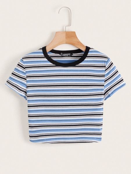 

contrast neck striped rib-knit crop tee h7ck#, White