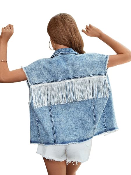 

fringe trim raw cut vest denim jacket 96t7#, Black;brown