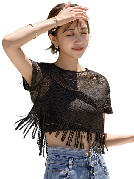 

dazy geo pattern fringe trim sheer without camisole b3j7#, White